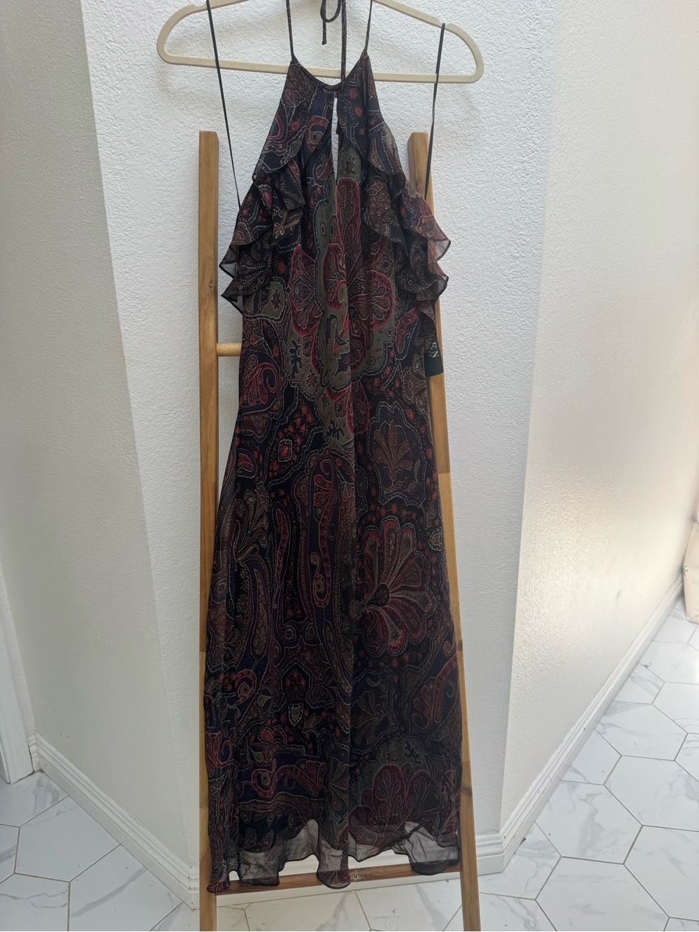 90’s Lauren Ralph Lauren Paisley Halter Midi Dress in Black and Burgundy Silk